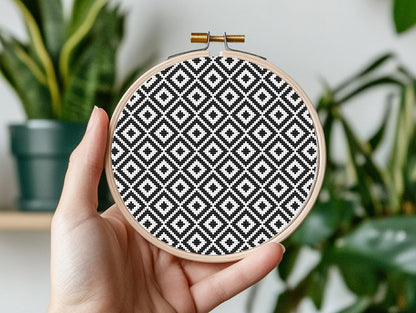 Scandinavian black and white geometric cross stitch pattern, minimalist Nordic-style PDF design