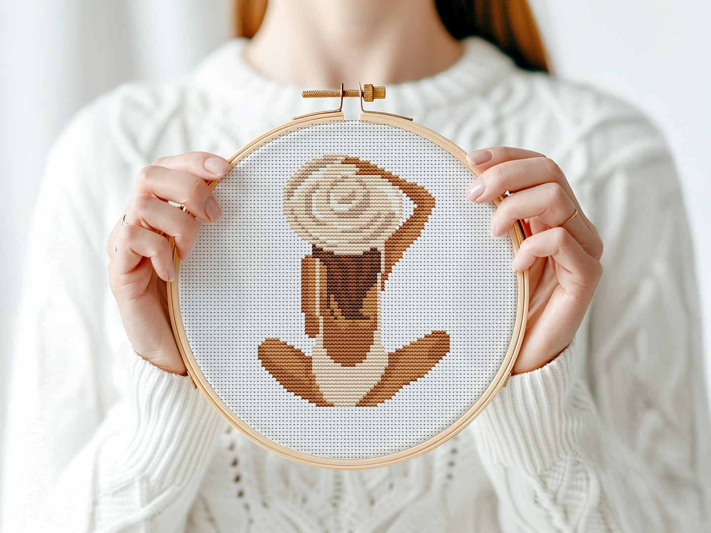 Cross stitch pattern of a woman in a hat on the beach, elegant seaside minimalist PDF design