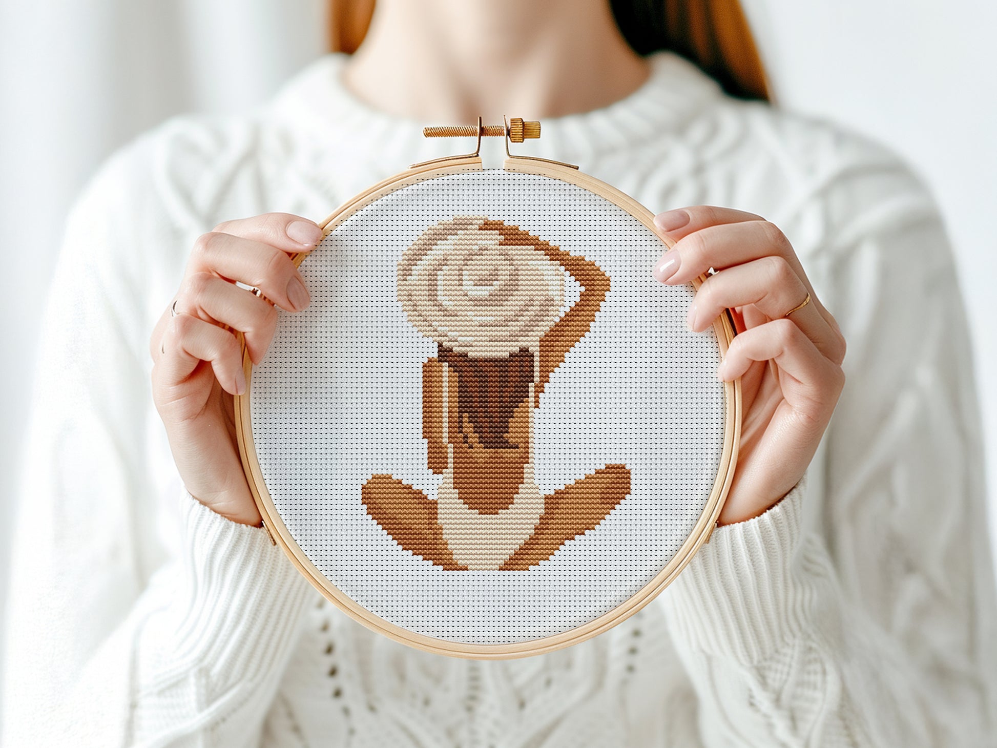 Cross stitch pattern of a woman in a hat on the beach, elegant seaside minimalist PDF design