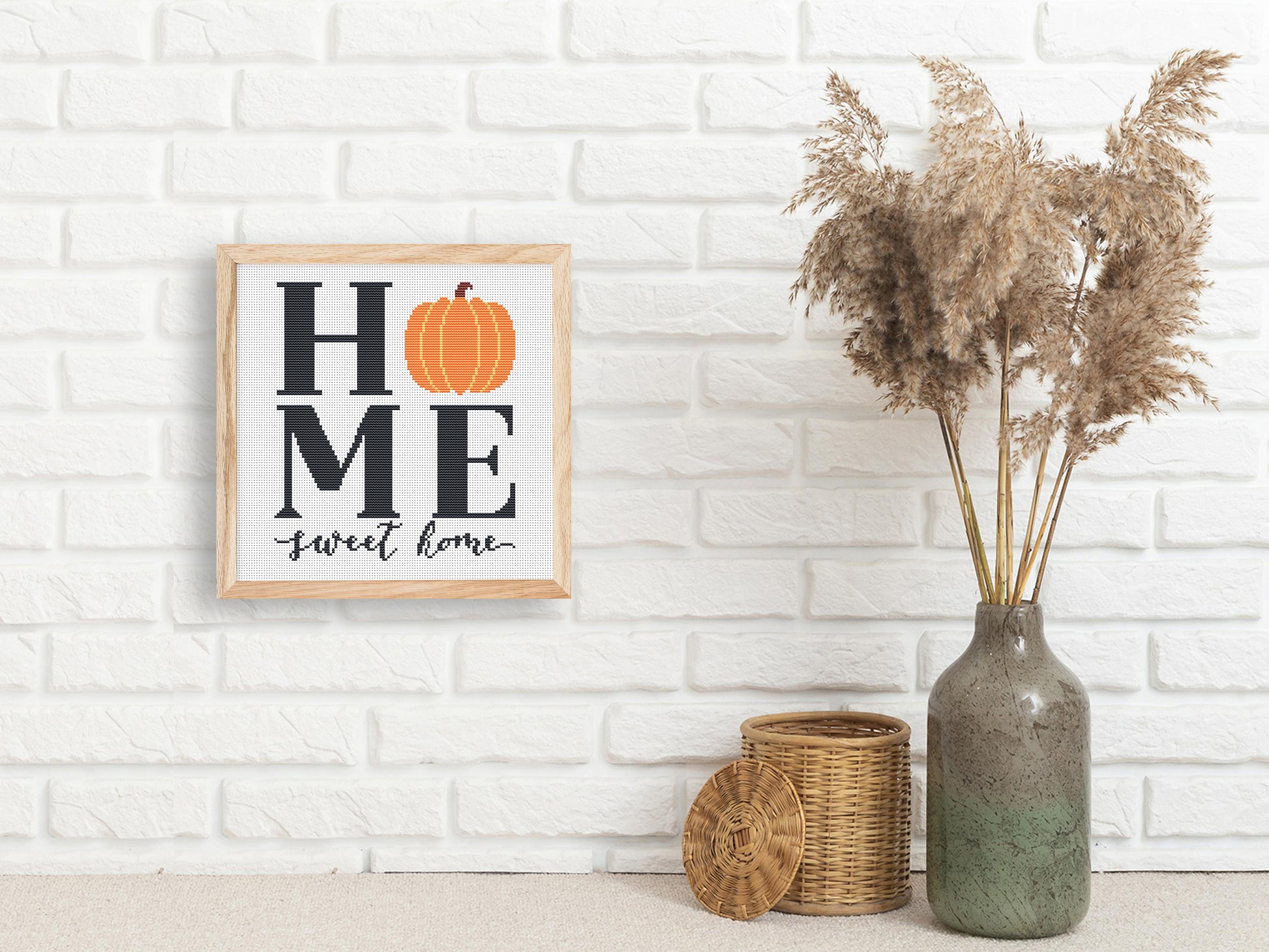 Autumn cross stitch pattern with Home Quote - PDF