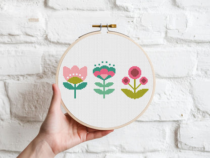 Three simple flowers cross stitch pattern with minimal floral design