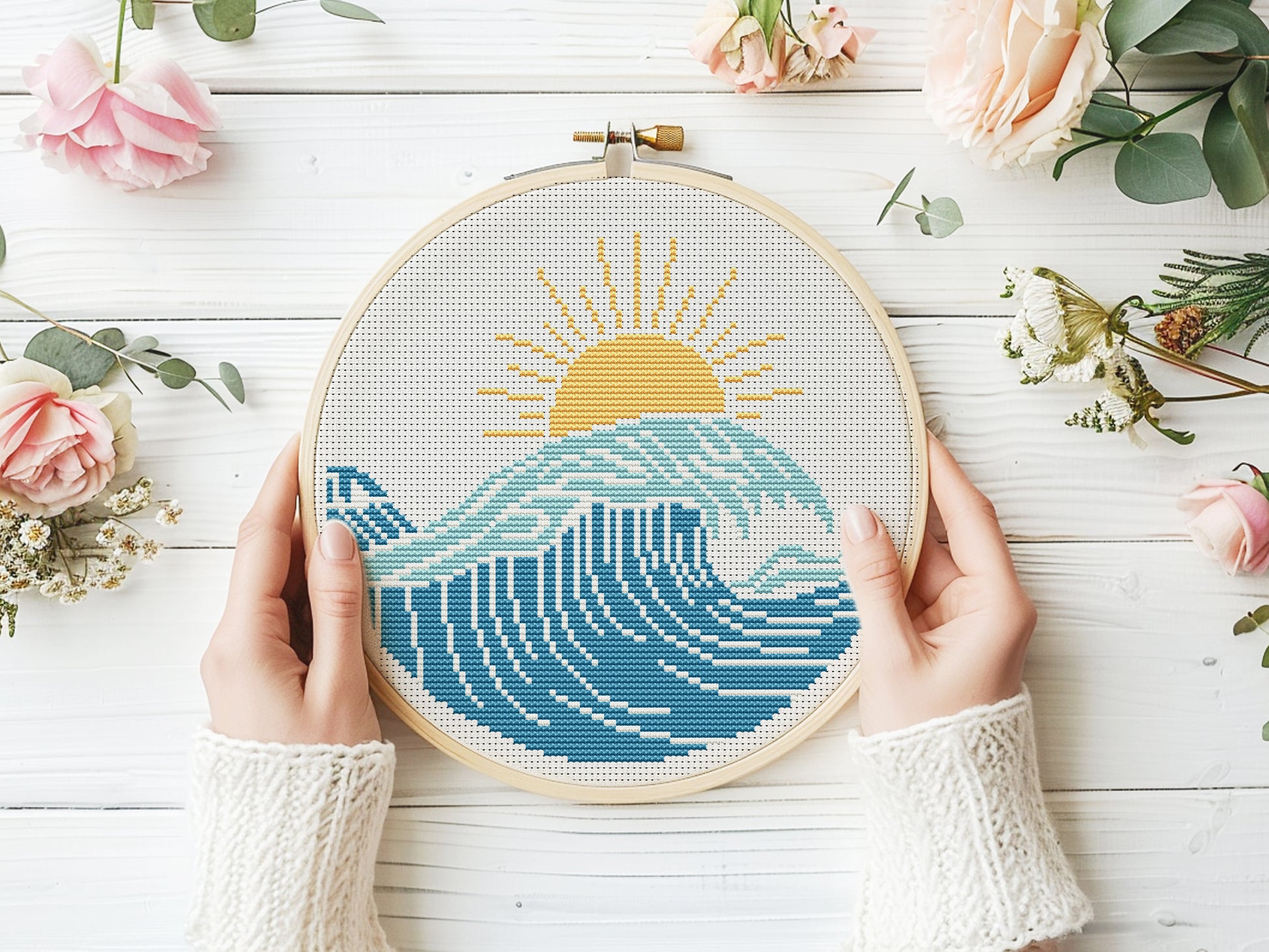 Sun and sea cross stitch pattern – surf vibes embroidery – modern beach PDF design