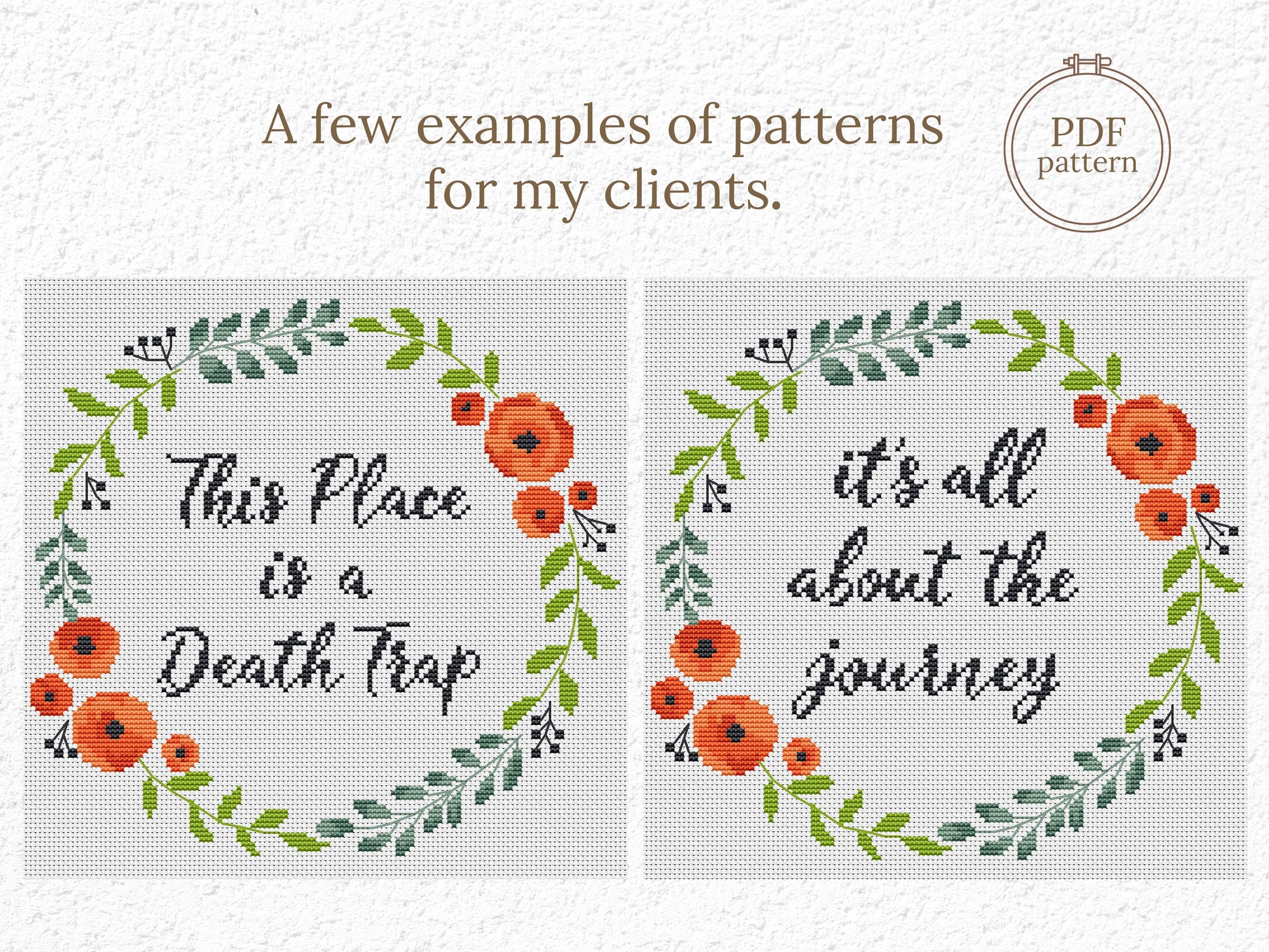 Custom cross stitch pattern with red floral wreath and personalized text placeholder - customizable PDF design