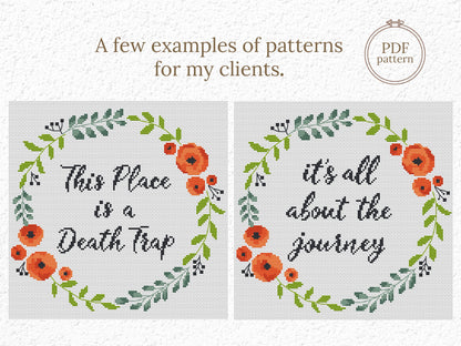 Custom cross stitch pattern with red floral wreath and personalized text placeholder - customizable PDF design