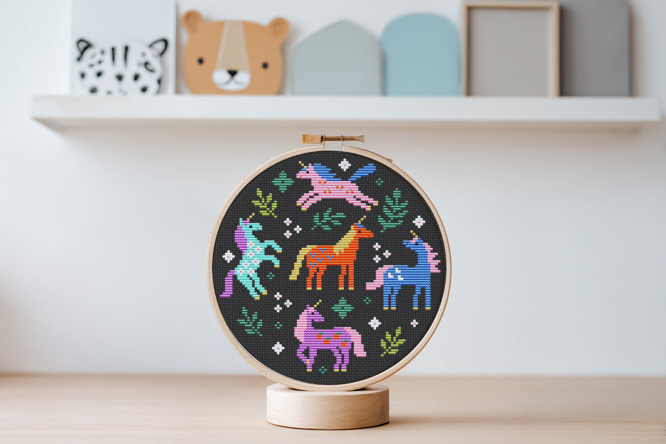 Colorful unicorns surrounded by leaves cross stitch pattern, whimsical fantasy PDF embroidery design.