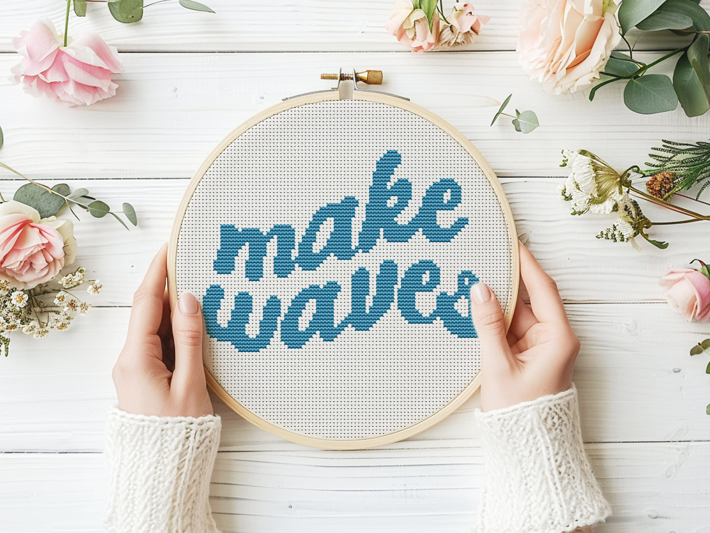 Make Waves cross stitch pattern – beginner surf vibes – modern summer beach embroidery PDF