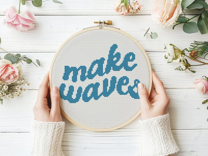 Make Waves cross stitch pattern – beginner surf vibes – modern summer beach embroidery PDF