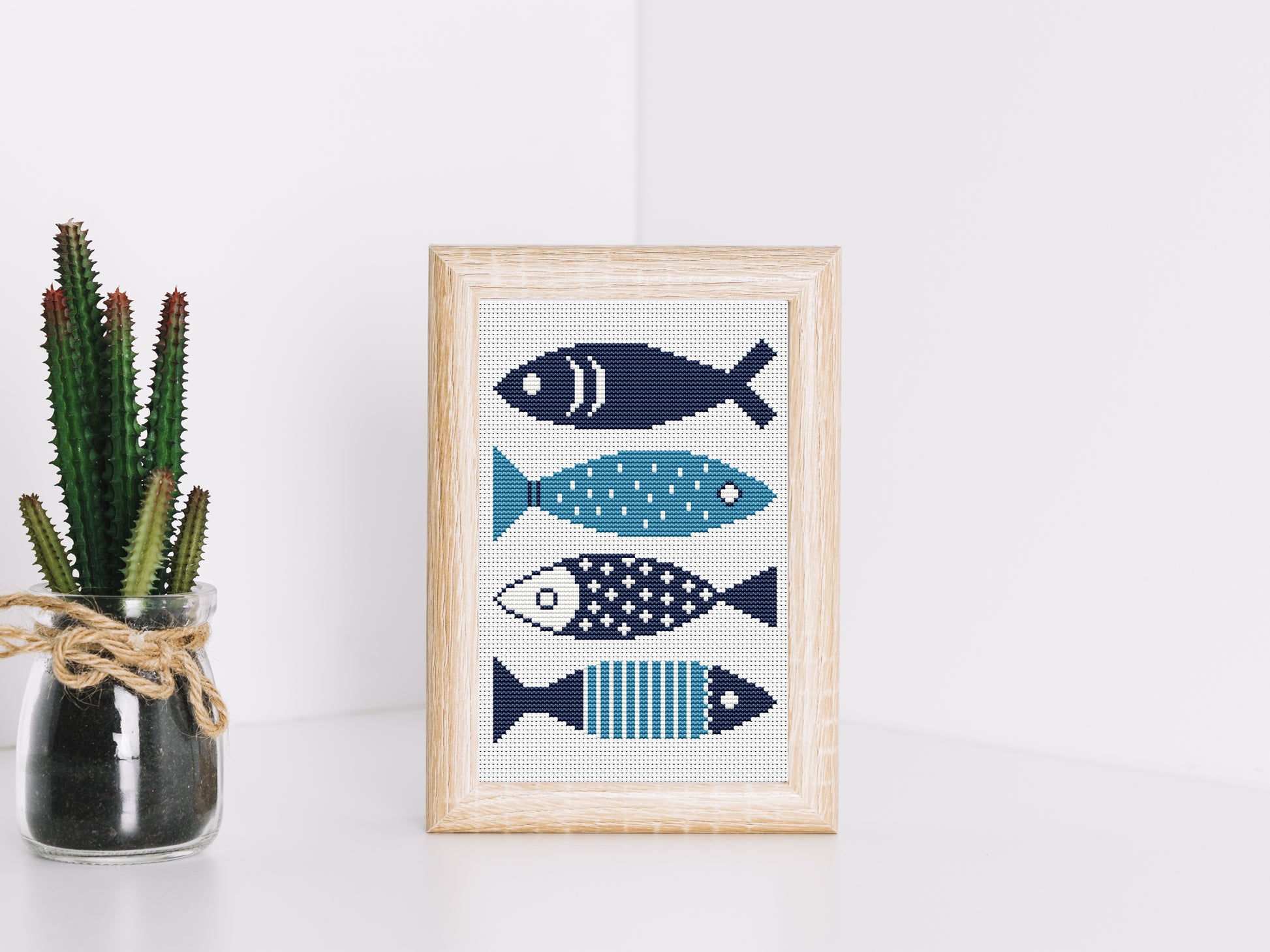 Abstract blue fishes cross stitch pattern – minimalist modern summer embroidery design PDF for ocean-themed decor