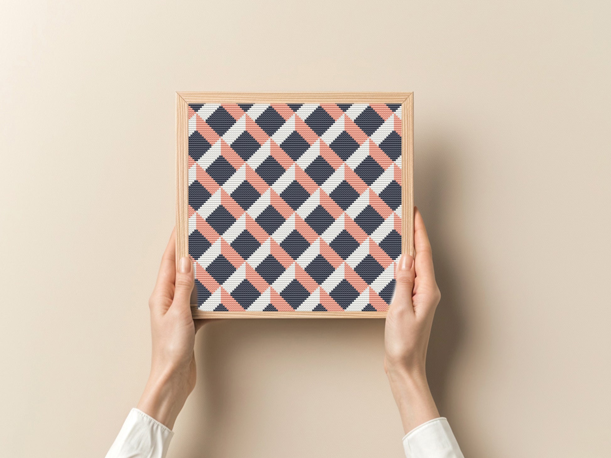 Modern geometric cross stitch pattern with abstract shapes and clean lines