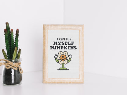 I Can Buy Myself Pumpkins funny autumn cross stitch pattern – trendy fall quote PDF for modern embroidery
