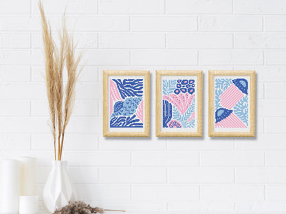 Abstract sea plants cross stitch pattern set – summer coastal embroidery PDF