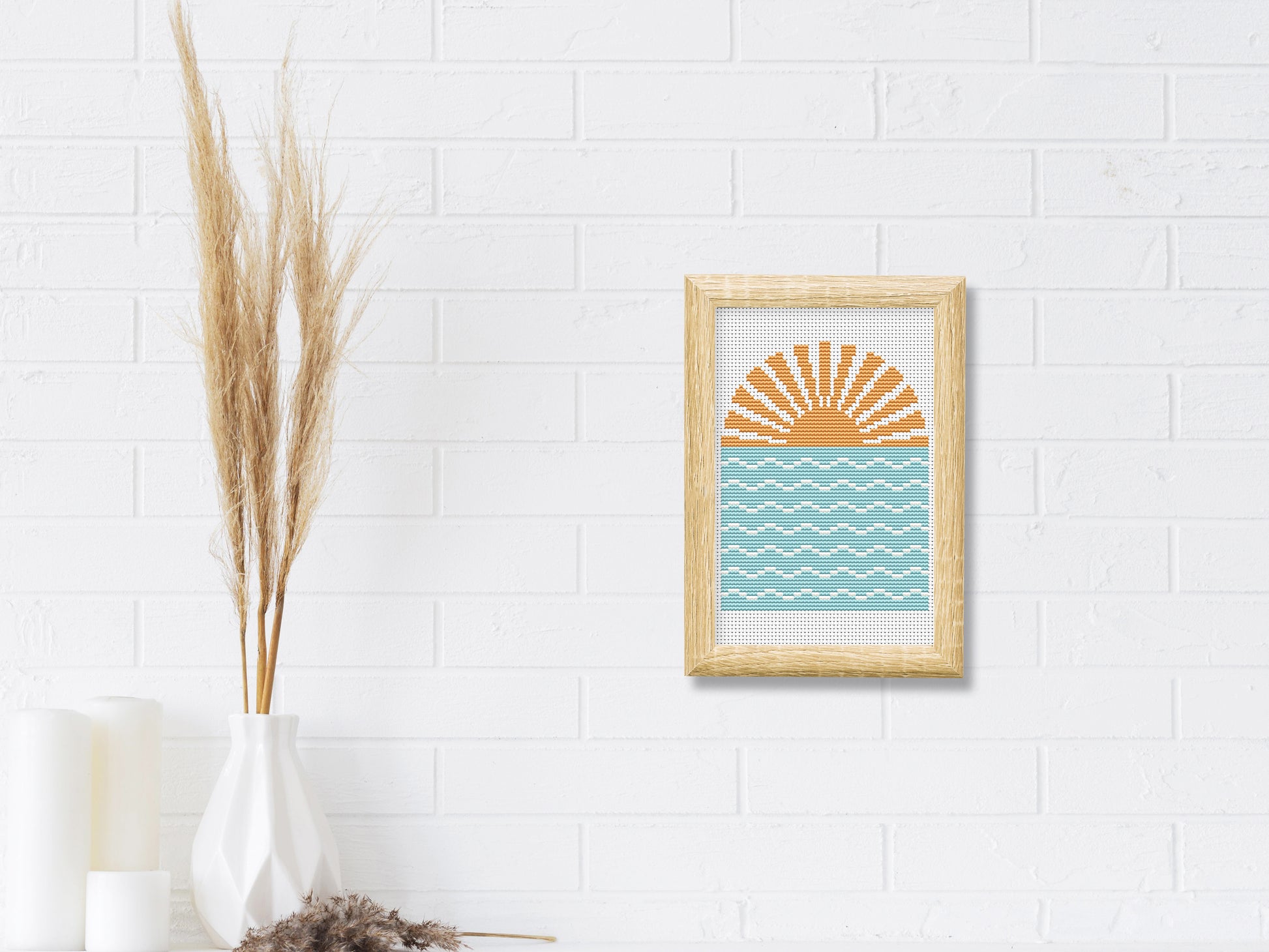 Geometric summer landscape cross stitch pattern – trendy abstract shapes – beginner-friendly embroidery PDF