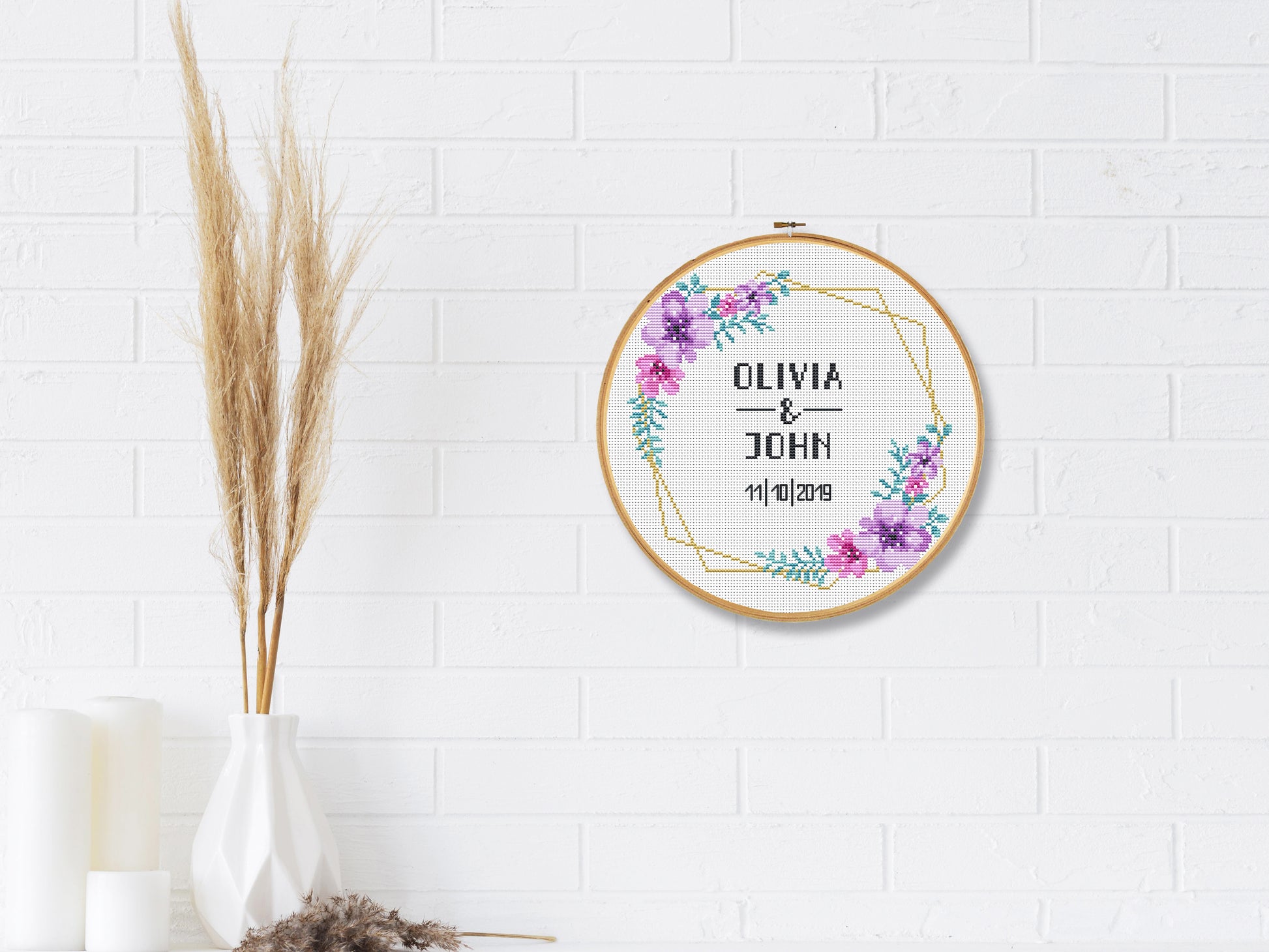 Wedding personalized cross stitch pattern – violet flower frame – embroidery PDF with alphabet and date customization