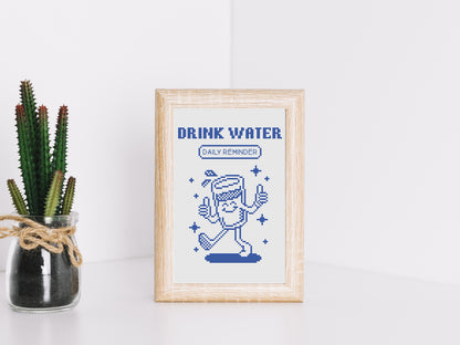 Drink Water cross stitch pattern – cute cartoon glass with quote, hydration embroidery PDF