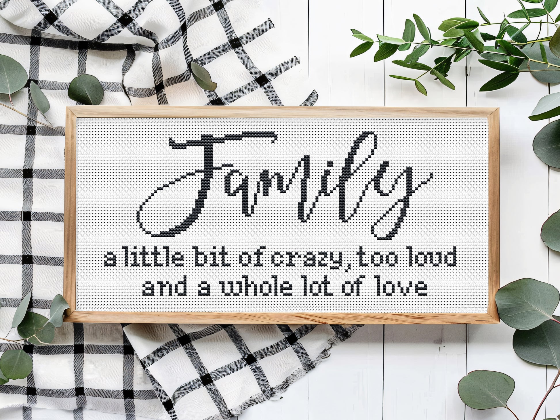 Family farmhouse quote cross stitch pattern – rustic PDF embroidery design for home décor