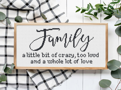 Family farmhouse quote cross stitch pattern – rustic PDF embroidery design for home décor