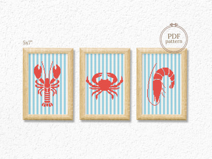 Seafood cross stitch pattern set – shrimp, crab, langoustine – modern summer embroidery PDF