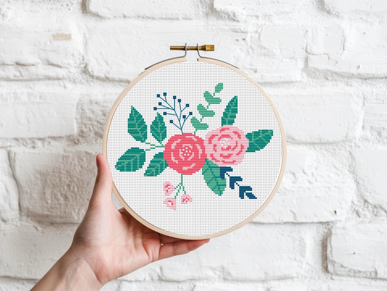 Floral bouquet with roses cross stitch pattern, elegant embroidery design
