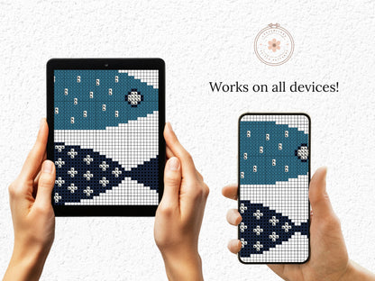Abstract blue fishes cross stitch pattern – minimalist modern summer embroidery design PDF for ocean-themed decor