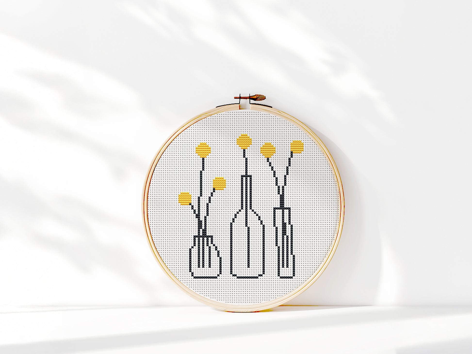 yellow flowers in outline pots cross stitch pattern, minimalist beginner embroidery on white background