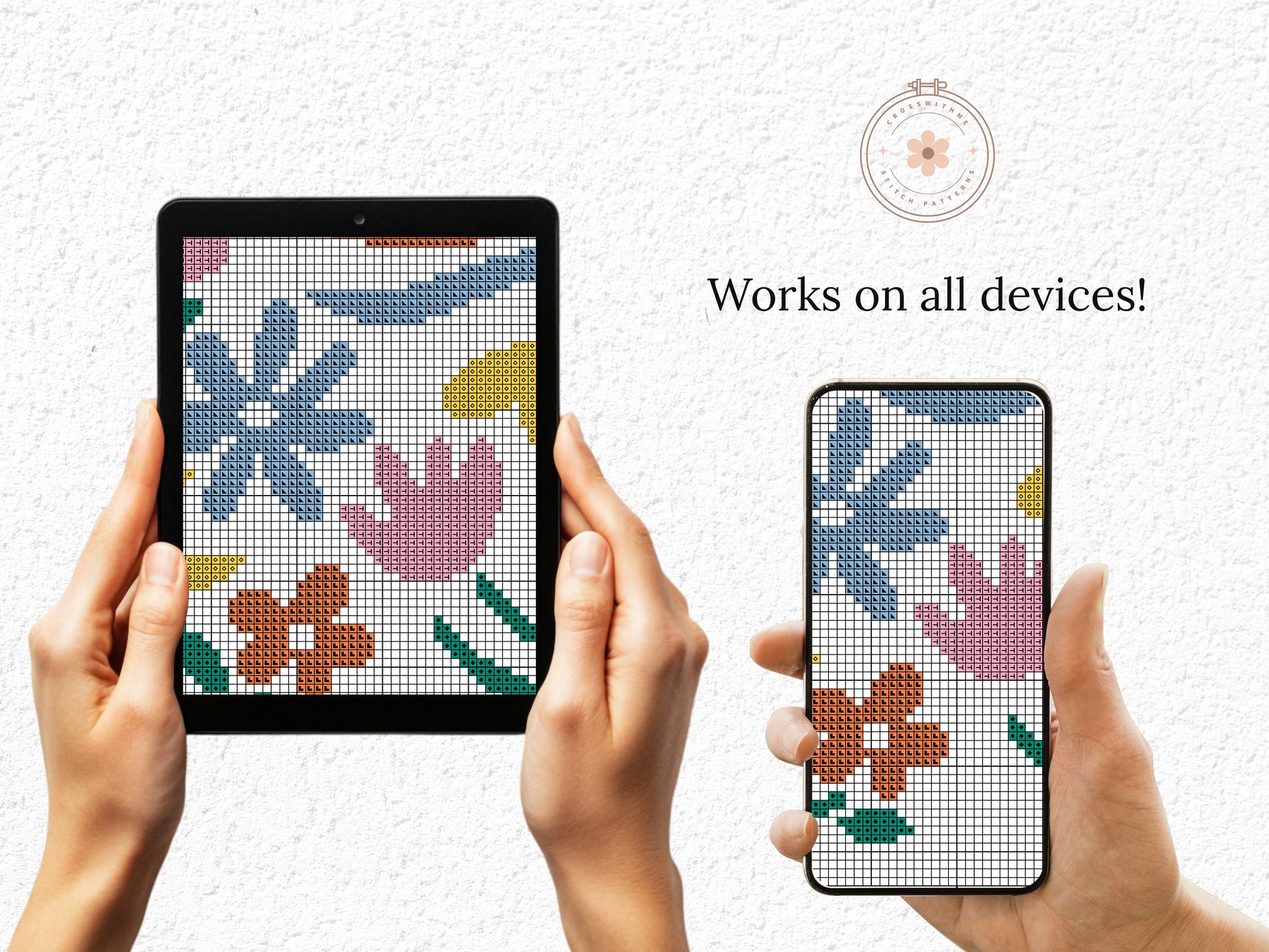 Abstract colorful flowers cross stitch pattern – modern PDF floral design on black canvas for hoop art and creative gifts