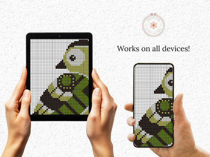 Hands holding a tablet and phone displaying cross-stitch patterns of a bird, with text 'Works on all devices!'.