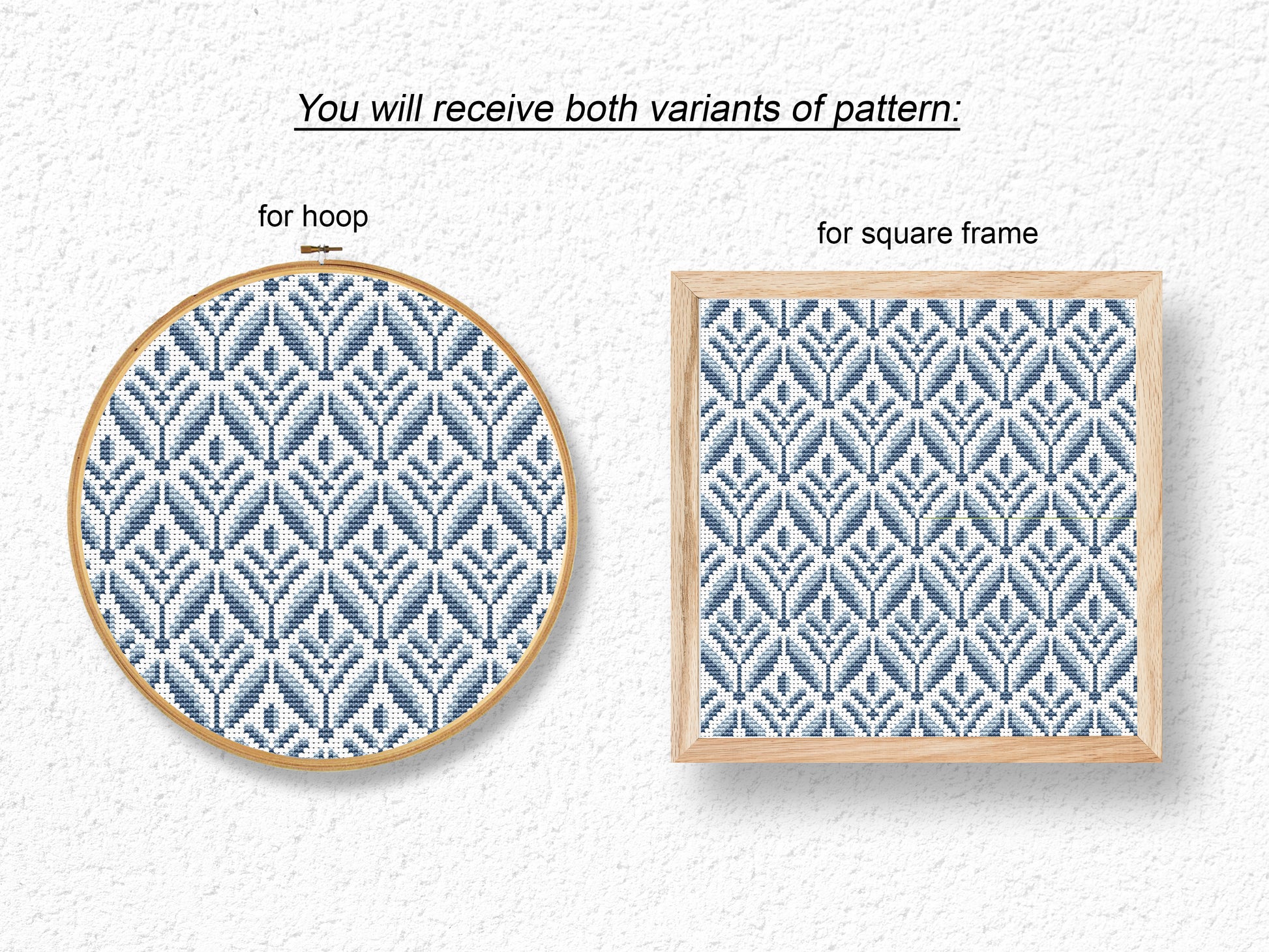 Blue geometric floral cross stitch pattern, digital PDF for modern embroidery