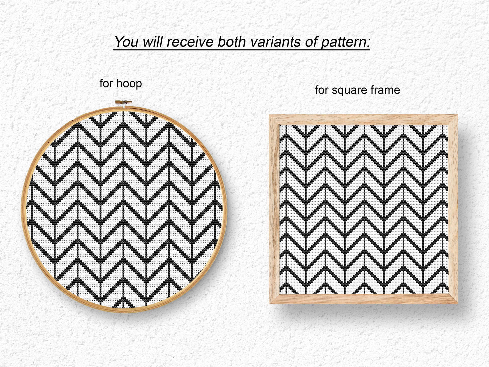 Minimal Scandinavian geometric cross stitch pattern in black and white, modern PDF embroidery design