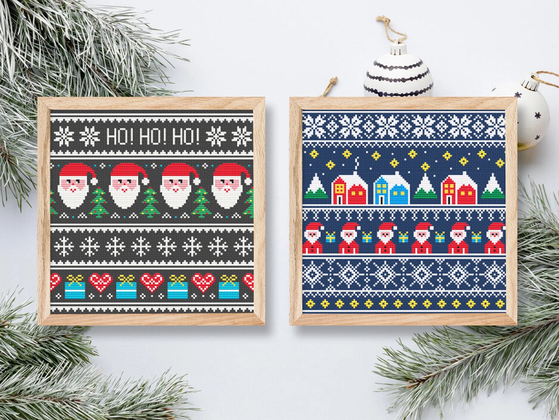 Christmas cross stitch pattern with ornaments and Santa, festive holiday embroidery design