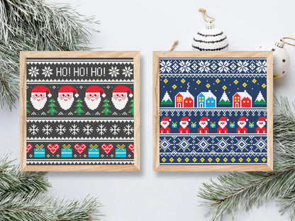 Christmas cross stitch pattern with ornaments and Santa, festive holiday embroidery design