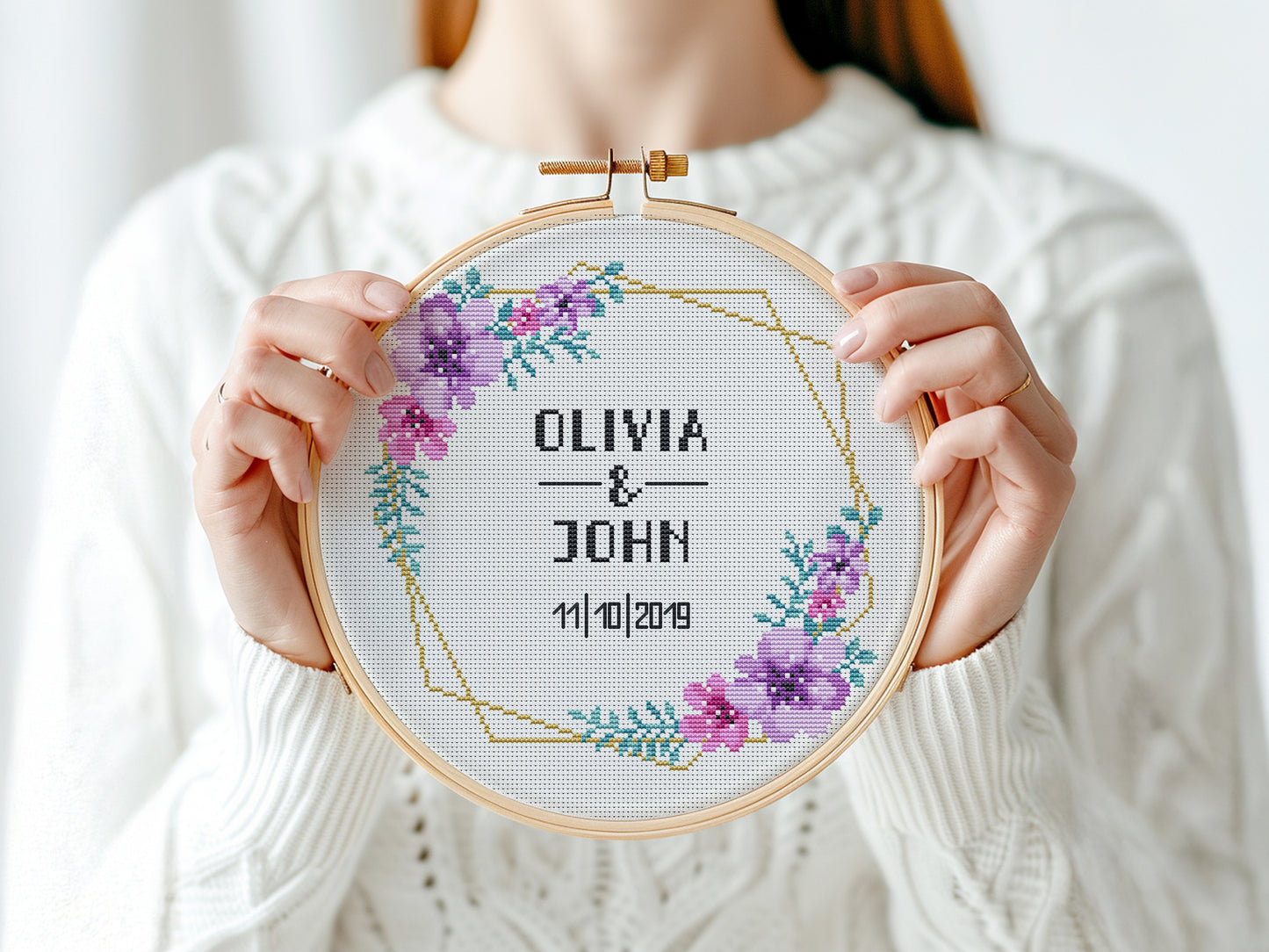 Wedding personalized cross stitch pattern – violet flower frame – embroidery PDF with alphabet and date customization