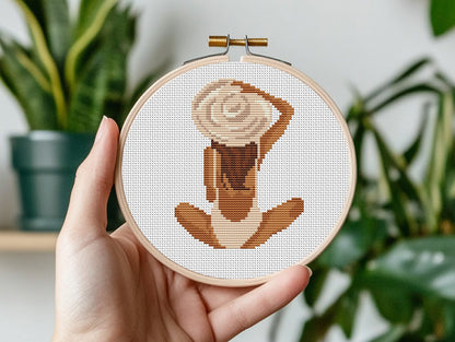 Cross stitch pattern of a woman in a hat on the beach, elegant seaside minimalist PDF design