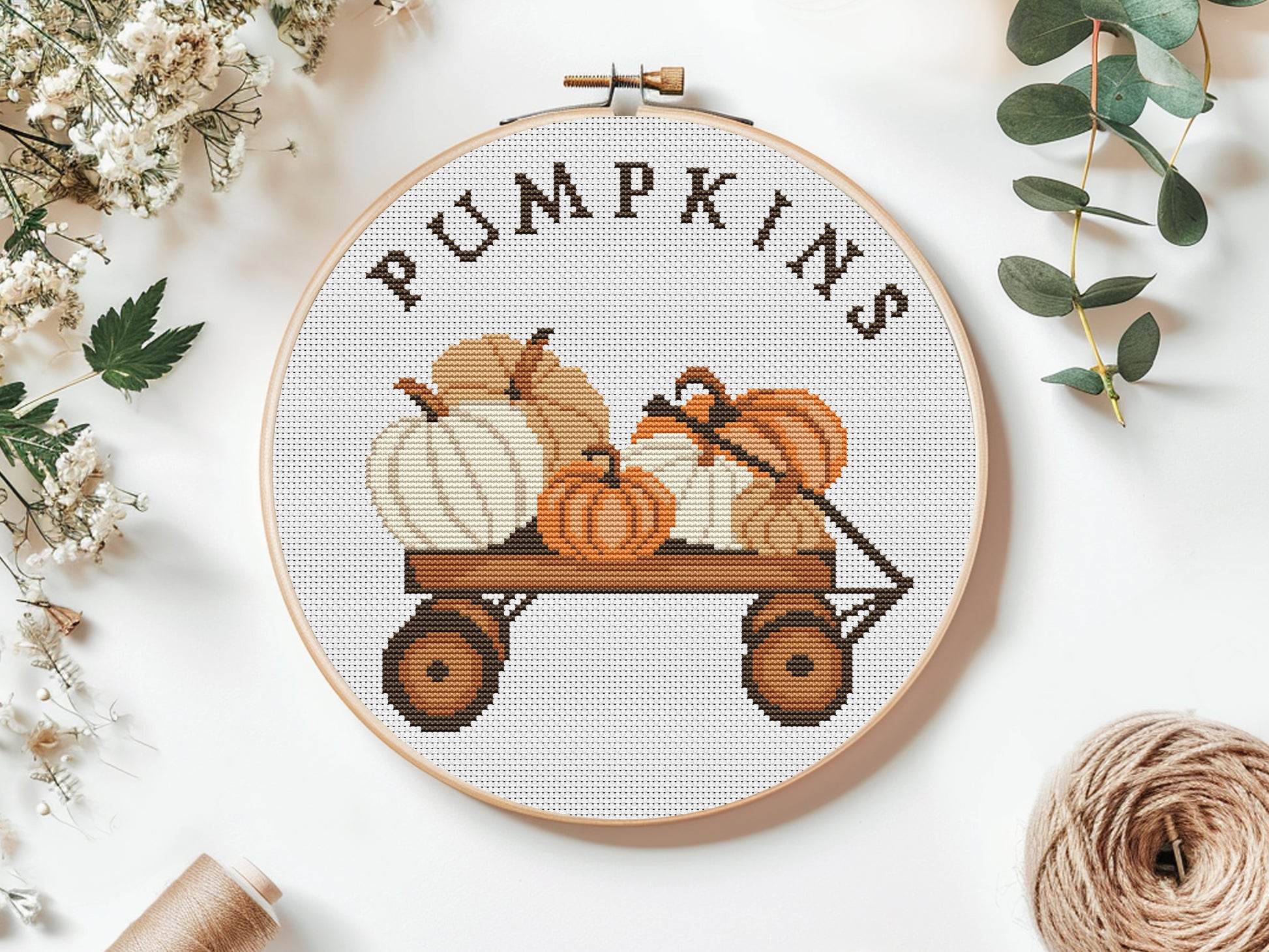 pumpkin cross stitch pattern, cozy autumn embroidery design, fall home decor pdf for beginners
