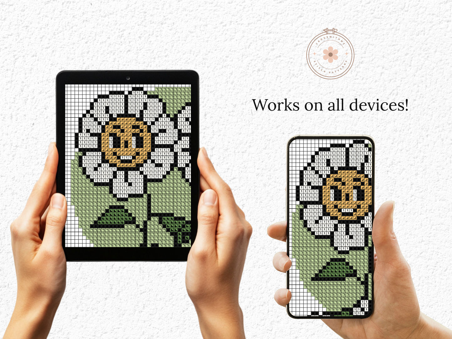 Better together cross stitch pattern – cute daisies quote PDF for friends or couple, modern embroidery chart