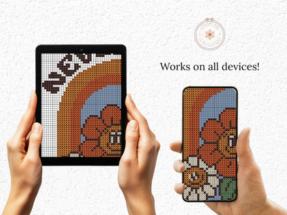 Never Stop Growing cartoon quote cross stitch pattern with retro colors – PDF download.