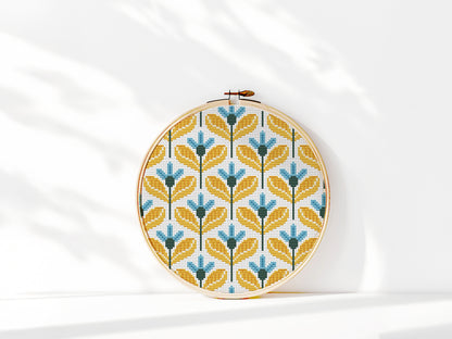 Yellow and blue geometric flowers cross stitch pattern, modern PDF embroidery design