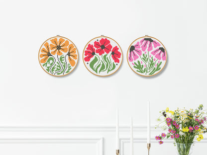 Modern floral cross stitch pattern set – 3 PDF flower hoop charts for beginners, minimalist botanical embroidery