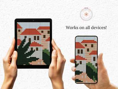 Dubrovnik coastal cross stitch pattern – Croatia landscape embroidery PDF, Mediterranean travel design