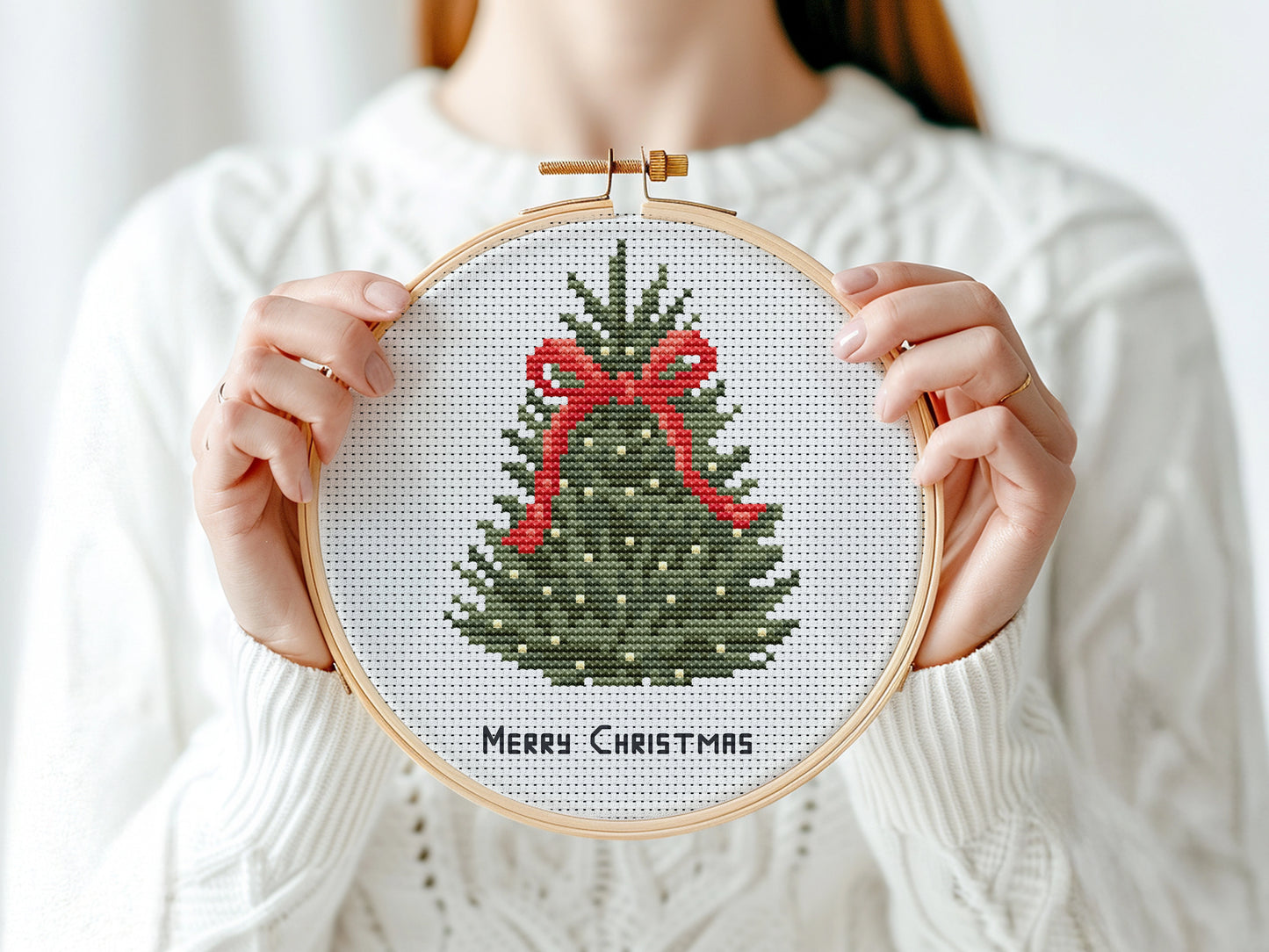 Christmas tree with red bow cross stitch pattern, festive holiday embroidery design