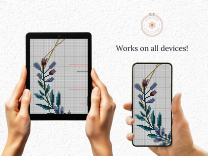 Wedding personalized cross stitch pattern – floral frame in blue and violet – embroidery PDF with alphabet