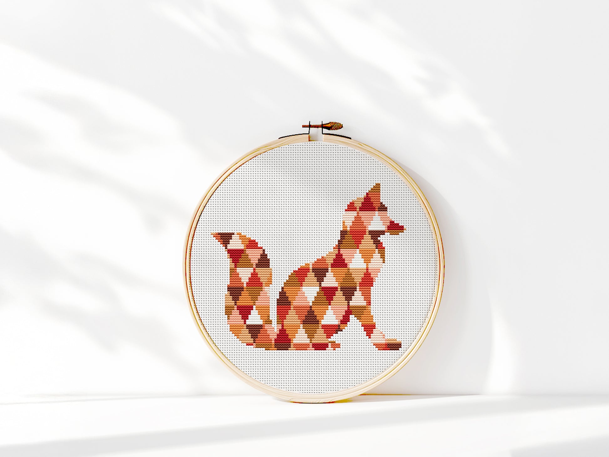 Geometric fox cross stitch pattern made of triangle shapes, modern minimalist PDF embroidery design