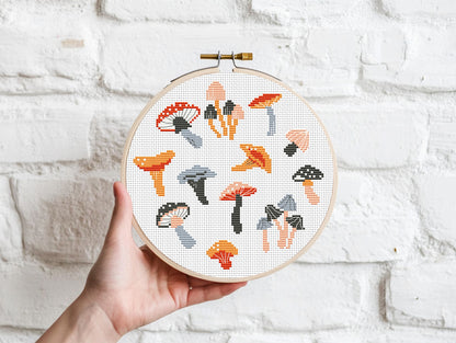 Autumn cross stitch pattern with cozy mushrooms, fall leaves, and seasonal forest elements