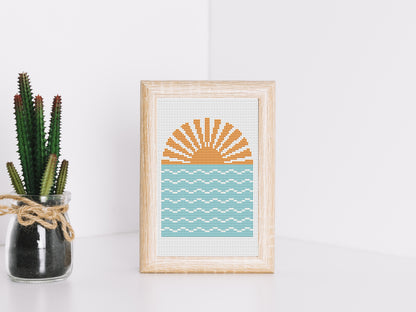 Geometric summer landscape cross stitch pattern – trendy abstract shapes – beginner-friendly embroidery PDF