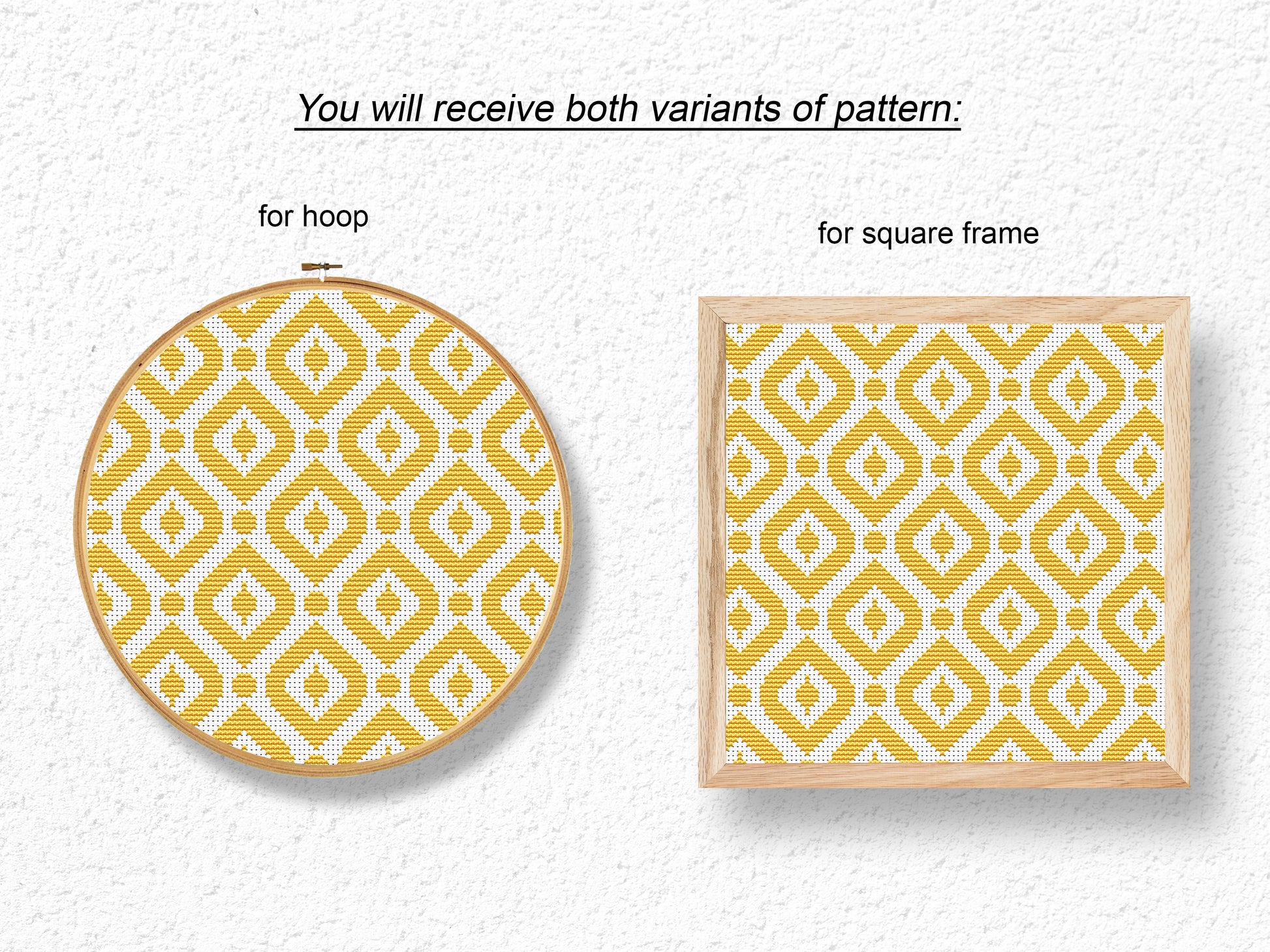 Yellow geometric rhombs cross stitch pattern, modern diamond design in PDF format