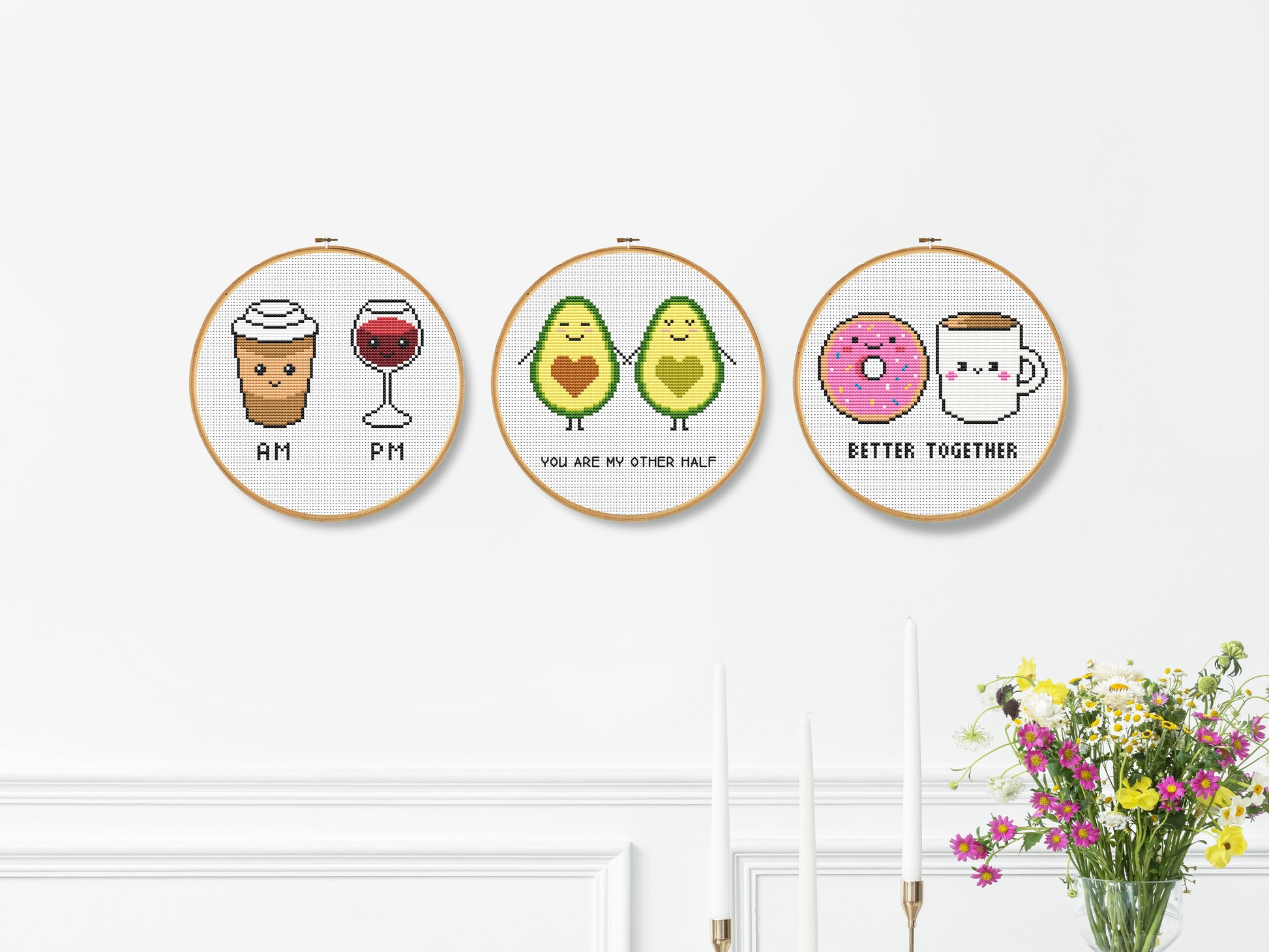 funny cross stitch patterns set, coffee wine quote, avocado love embroidery, donut coffee minimalist charts, modern pdf hoop art