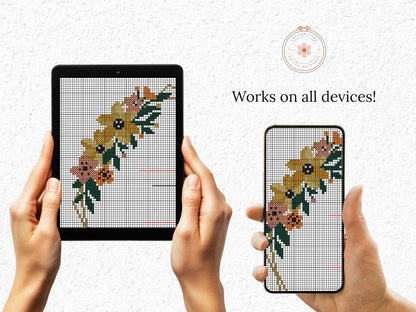Wedding personalized cross stitch pattern – yellow flower frame – embroidery PDF with alphabet for names and dates