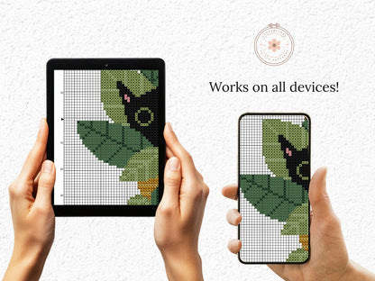 Funny cross stitch pattern with cat sitting in plant pots, playful home decor design
