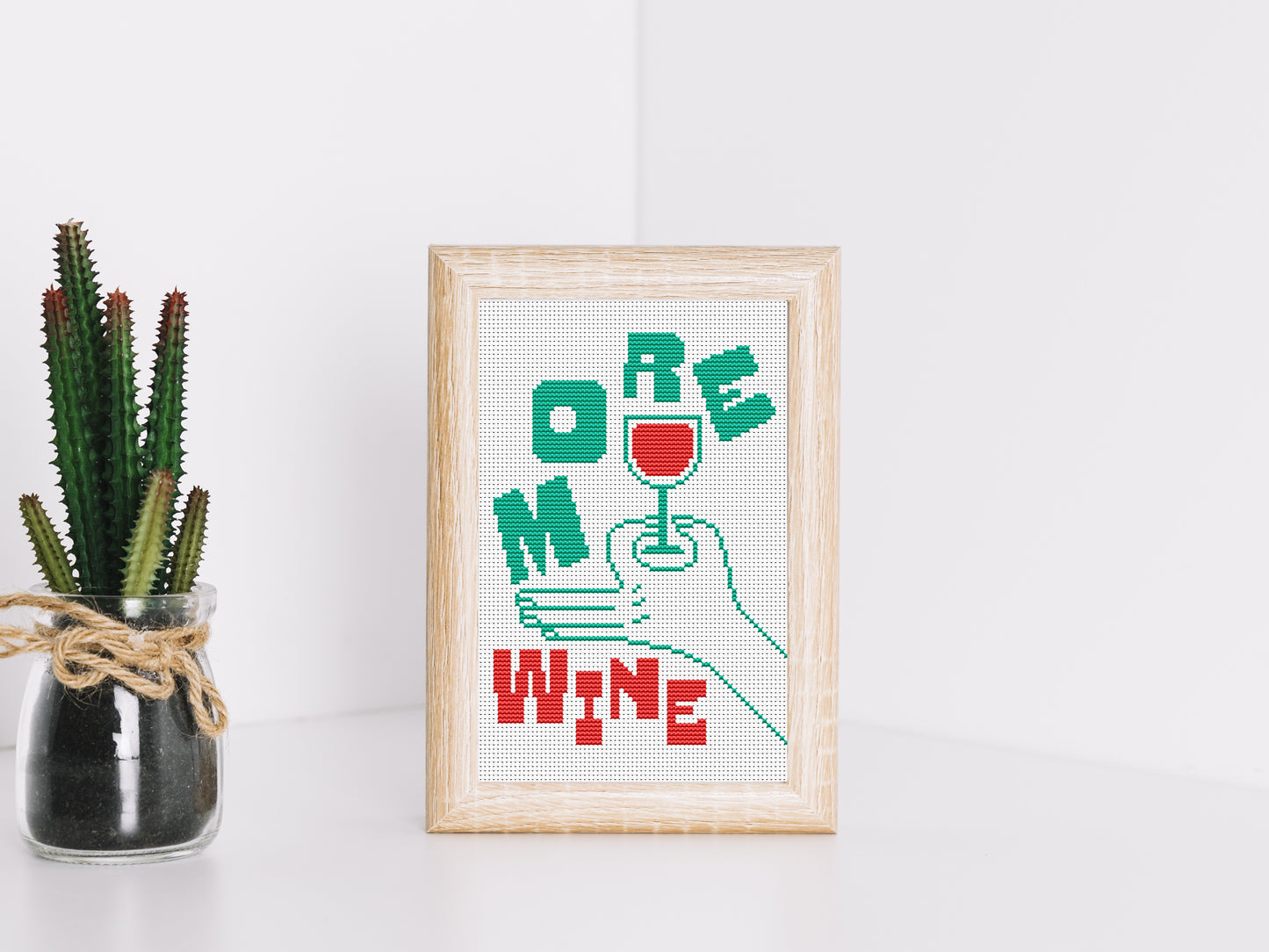 More Wine quote cross stitch pattern in bold modern font – instant PDF download.