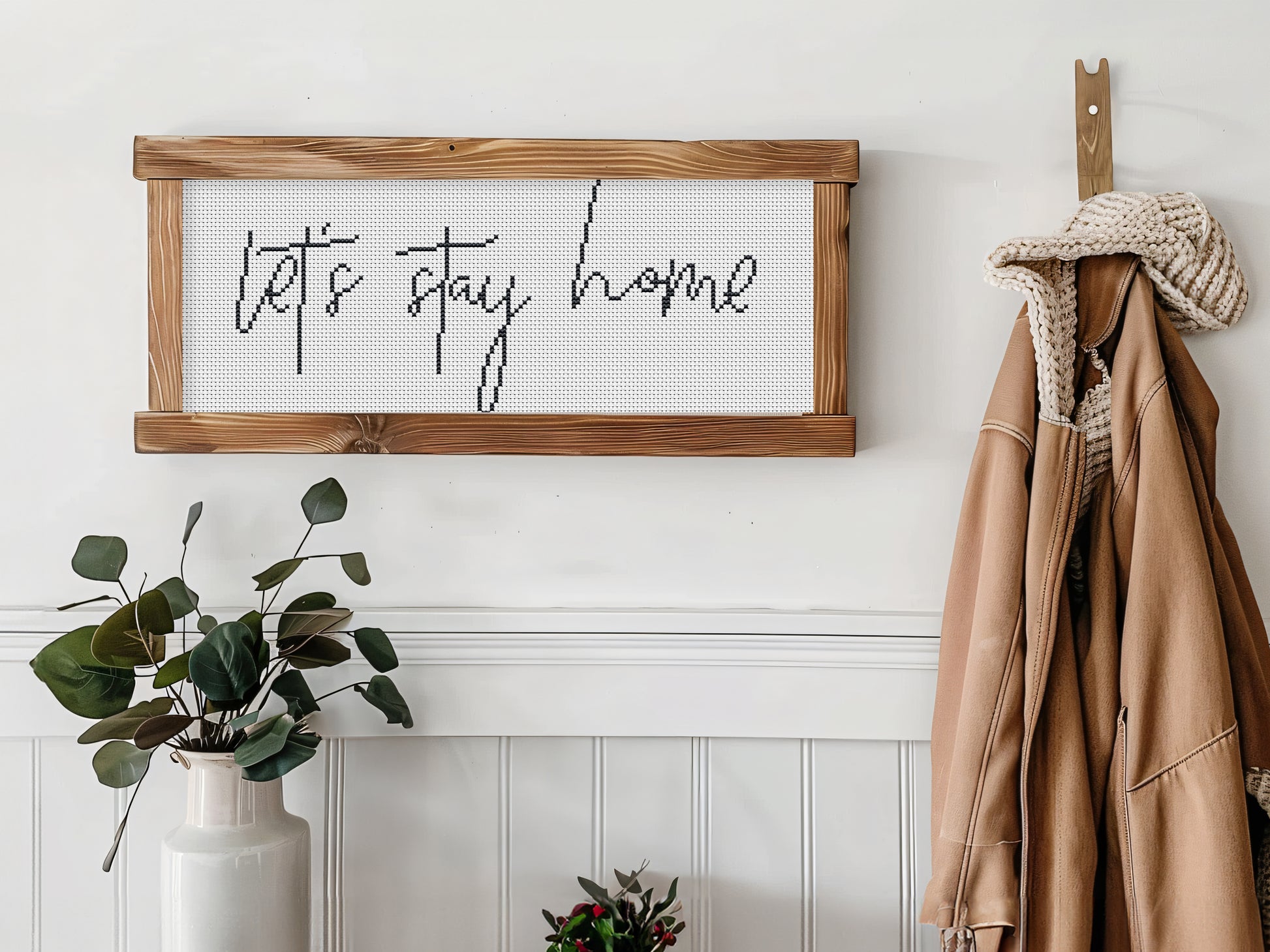 Let’s stay home cross stitch pattern – minimalist rustic quote – cozy farmhouse embroidery PDF