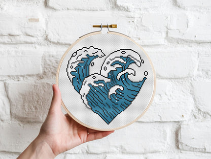 Cross stitch pattern with ocean wave in heart shape, minimalist coastal PDF design
